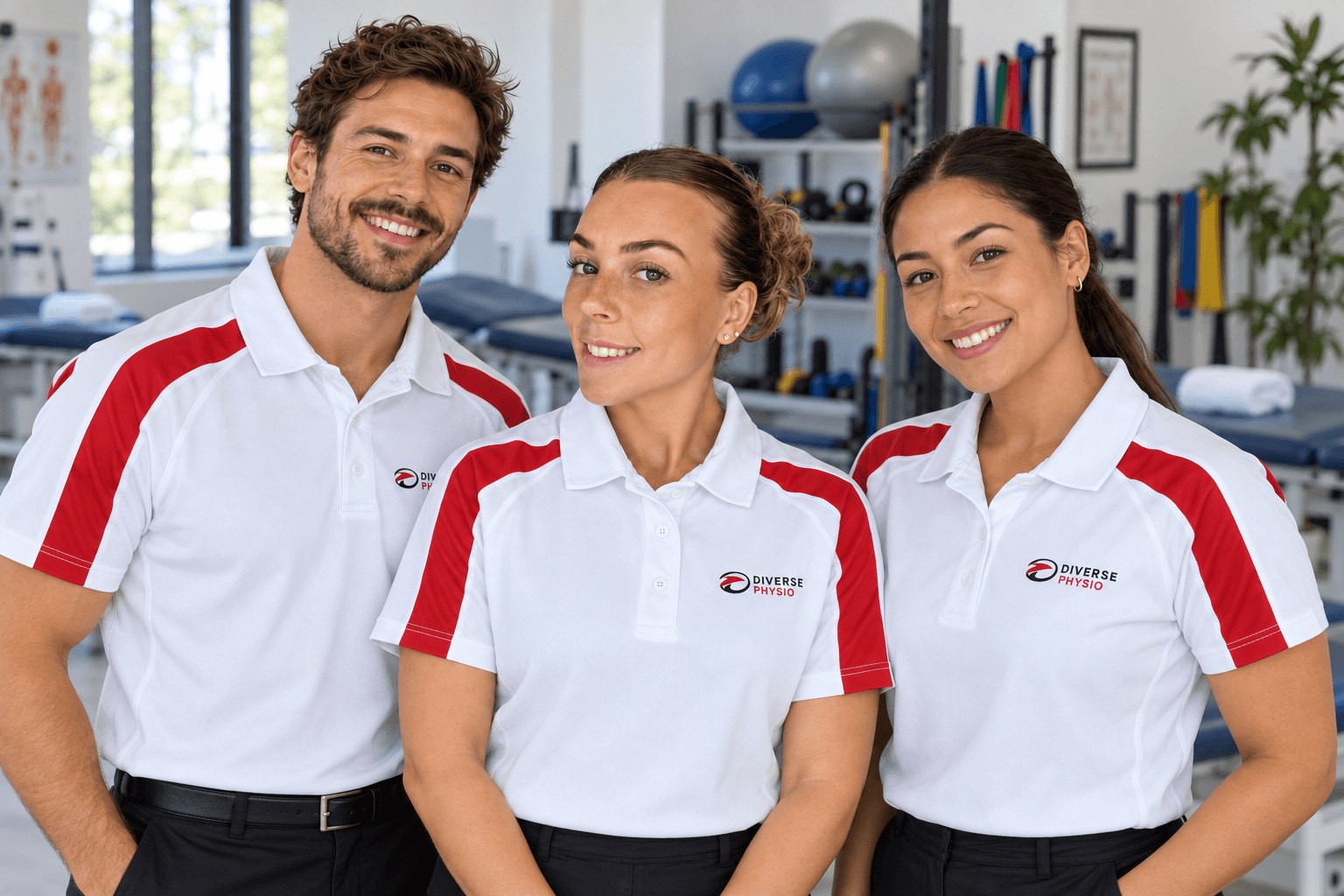 Three smiling fitness staff in matching white-and-red polo shirts pose together in a bright gym, with exercise equipment behind them, conveying a friendly, professional welcome.